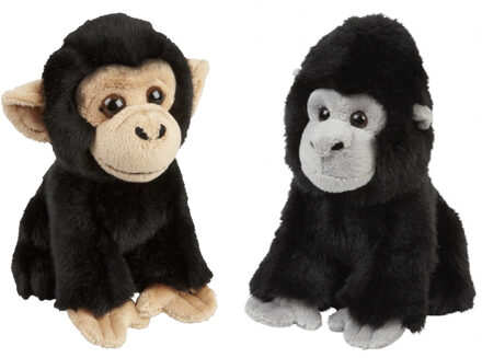 Apen serie zachte pluche knuffels 2x stuks - Gorilla en Chimpansee aap van 18 cm - Knuffel bosdieren Bruin
