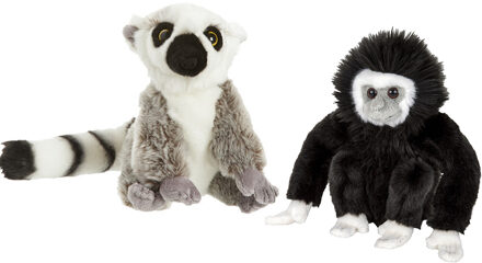 Apen serie zachte pluche knuffels 2x stuks - Maki aap en Gibbon Aap van 18 cm - Knuffeldier Multikleur