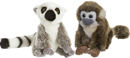 Apen serie zachte pluche knuffels 2x stuks - Maki aap en Squirrel aap van 18 cm - Knuffeldier Multikleur