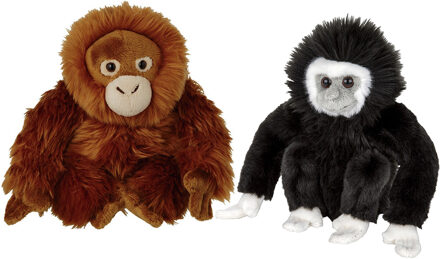 Apen serie zachte pluche knuffels 2x stuks - Orang Utan en Gibbon Aapje van 18 cm - Knuffeldier Multikleur