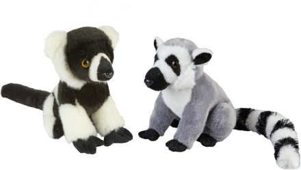 Apen serie zachte pluche knuffels 2x stuks - Ringstaart Maki en Lemur Aapje van 18 cm - Knuffel bosdieren Bruin