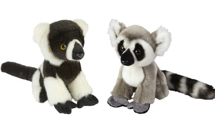 Apen serie zachte pluche knuffels 2x stuks - Ringstaart Maki en Pinche Aapje van 18 cm - Knuffel bosdieren Grijs