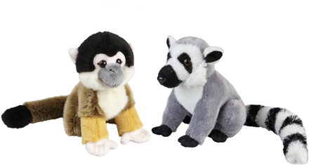 Apen serie zachte pluche knuffels 2x stuks - Ringstaart Maki en Squirrel Aapje van 18 cm