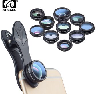 APEXEL 10 in 1 Kit telefon Telefoon Lens Fish eye Groothoek Macro 2X tele CPL star Filter Caleidoscoop Camera lens voor iphone