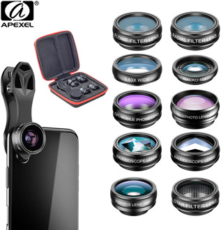 APEXEL 10 in 1 Phone camera Lens Kit Fisheye Wide Angle macro Lens CPL Filter Kaleidoscope and 2X telescope Lens for smartphone