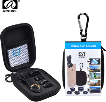 Apexel 5 in 1 HD Camera Lens Kit Fisheye Lens+0.63x Wide Angle+15x Macro Lens+2X Telephoto Lens+CPL Lens for iPhone Samsung DG5