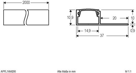APFL1 alu-tegelprofiel eenzijdig, 200cmx3,7cm geanodiseerd aluminium, opaal
