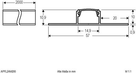 APFL2 alu-tegelprofiel tweezijdig 200cmx5,7cm geanodiseerd aluminium, opaal