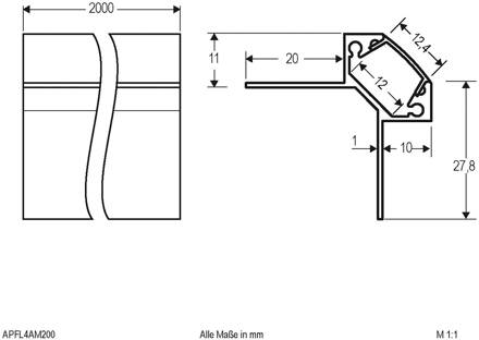 APFL4 alu-tegel-hoekprofiel buiten 200cmx3,8cm geanodiseerd aluminium, opaal