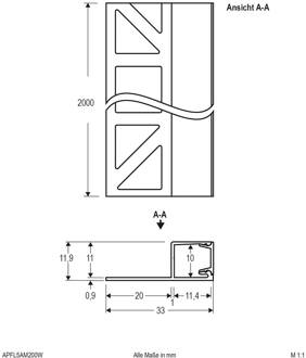 APFL5 tegelprofiel zijdelings 200cmx3,3cm wit wit, opaal