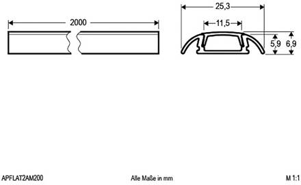 APFLAT2 alu-profiel, 200cm U-profiel, afgerond geanodiseerd aluminium, opaal