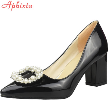 Aphixta 7cm 5cm Square Heels Patent Leather Pearl Buckle Shoes Woman Classics Pointed Toe Dress Official Pumps Party Big Size 48