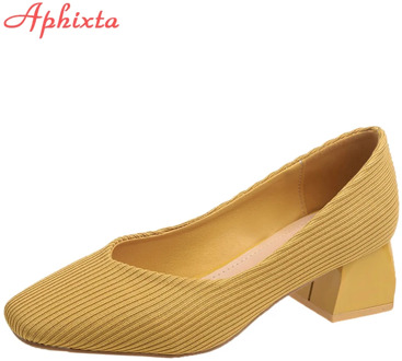 Aphixta Knitting Stretch High Heels For Women 5CM Square Solid Color Shoe Spring Autumn Office Heels Rubber Outsole Shallow Pump