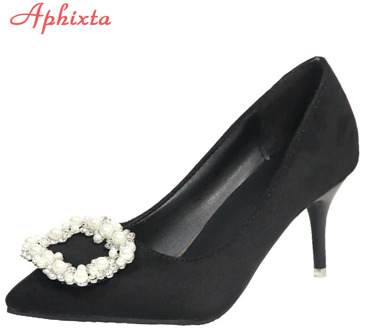 Aphixta Large Size 48 Pearl Metal Buckle Stiletto High Heels Shoes Woman Pump Thin Heel Pointed Toe Elegant Dress Office Pumps