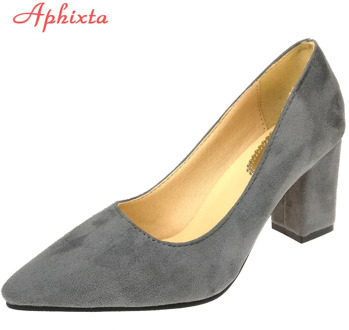 Aphixta Shoes Square Heel Women Pointed Toe Pumps Fashion Gray High Heels Flock Leather Black Party Shoes Plus Big size 47 48
