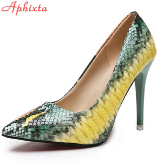 Aphixta Snake Prints Leather Pumps Women Shoes 10cm stiletto Heels Pointed Toe Office Party Dress Shoes Woman Big Size 42