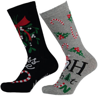 Apollo 2-pack foute dames kerstsokken wart / grijs kerst print - maat 36-40 Veelkleurig