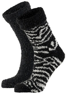 Apollo 2-Pak dames bedsokken/huissokken zwarte/witte zebra strepen  - Maat 39-42 - Huis/slof sok - Pluche fluffy huissok/slofsok sokken