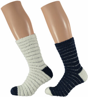 Apollo 2-Pak dames fluffy bedsokken/huissokken navy blauw/wit maat 36-41 - Huissokken