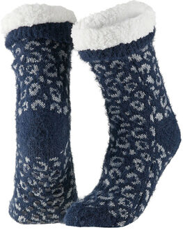 Apollo Anti-slip fleece huissokken/slofsokken luipaard print - Dames - blauw - maat 36-41 - Bedsokken One size