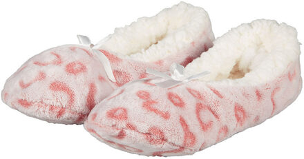 Apollo ballerina sloffen - fleece - roze - antislip - dierenprint - One size;;