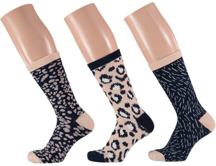 Apollo Dames fashion sokken 3-pak luipaard print beige/navy maat 35-42 - 35/42