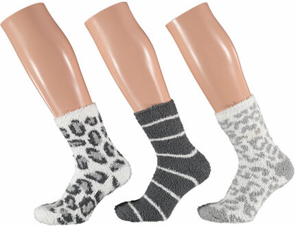Apollo Dames fluffy bedsokken/huissokken - 3-pak animal/stripe - maat 36-41 - 36/41
