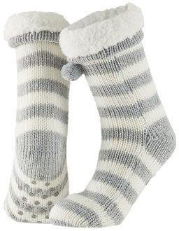 Apollo Dames huissokken/slofsokken - grijs/wit - gestreept - maat 36-41 - Anti-slip - 36/41