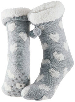 Apollo Dames huissokken/slofsokken - grijs/wit - hartjes - maat 36-41 - Anti-slip - 36/41