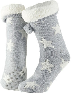 Apollo Dames huissokken/slofsokken - grijs/wit - sterren - maat 36-41 - Anti-slip - 36/41