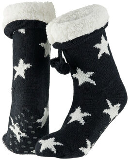 Apollo Dames huissokken/slofsokken - zwart/wit - sterren - maat 36-41 - Anti-slip - One size