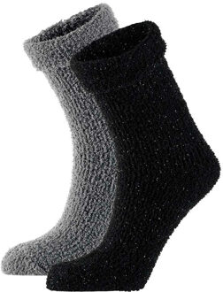 Apollo Dames/meisjes bedsokken/huissokken - 2x pak - zwart/grijs - maat 36-41 - 36/41