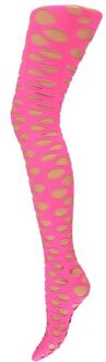 Apollo Dames party pantys roze met gaten - Verkleedpanty netpanty neon roze S/M