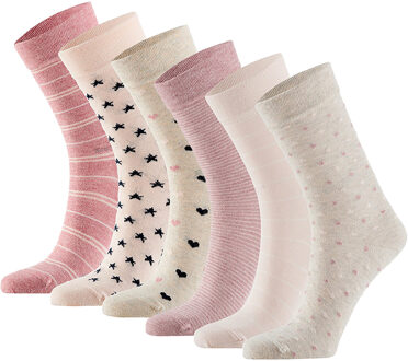 Apollo Dames sokken hartjes gestreept sterren print bio katoen 6-pack beige / roze Print / Multi - 35-38