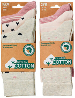 Apollo Dames sokken hartjes gestreept sterren print bio katoen 6-pack beige / roze Veelkleurig - 35-38