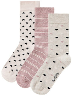 Apollo Dames sokken hartjes gestreept sterren print bio katoen 6-pack beige / roze Veelkleurig - 39-42