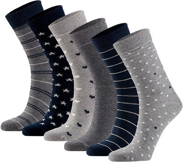 Apollo Dames sokken hartjes gestreept sterren print bio katoen 6-pack grijs / navy blauw Print / Multi - 39-42