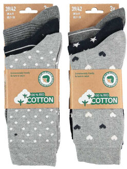 Apollo Dames sokken hartjes gestreept sterren print bio katoen 6-pack grijs / navy blauw Veelkleurig - 39-42