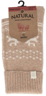 Apollo Dames wollen huissokken met omslag winter print - maat 39-42 Beige