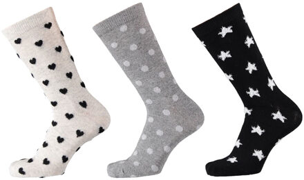 Apollo Fashion sokken dames hartjes stippen sterren print Grijs - One size