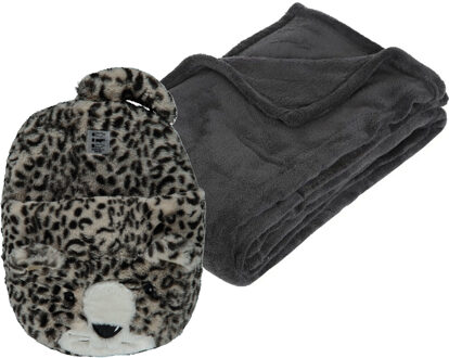 Apollo Fleece deken antraciet 125 x 150 cm met voetenwarmer slof cheetah one size - Voetenwarmers Multikleur