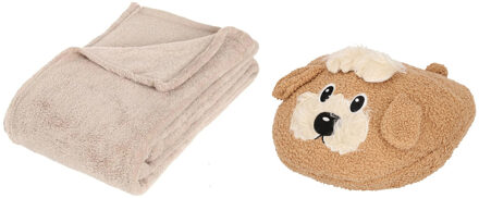 Apollo Fleece deken beige 125 x 150 cm met voetenwarmer slof Terrier hond one size - Voetenwarmers Multikleur