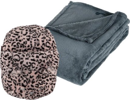 Apollo Fleece deken blauwgrijs 125 x 150 cm met voetenwarmer slof cheetah one size - Voetenwarmers Multikleur