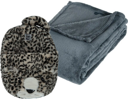 Apollo Fleece deken blauwgrijs 125 x 150 cm met voetenwarmer slof cheetah one size - Voetenwarmers Multikleur