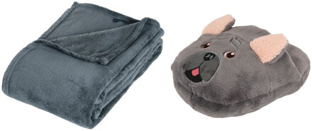 Apollo Fleece deken blauwgrijs 125 x 150 cm met voetenwarmer slof Frans Bulldog hond one size - Voetenwarmers Multikleur