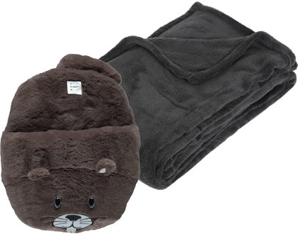 Apollo Fleece deken donkergrijs 125 x 150 cm met voetenwarmer slof bever one size - Voetenwarmers Multikleur