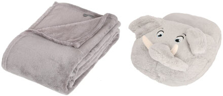 Apollo Fleece deken grijs 125 x 150 cm met voetenwarmer slof olifant one size - Voetenwarmers Multikleur