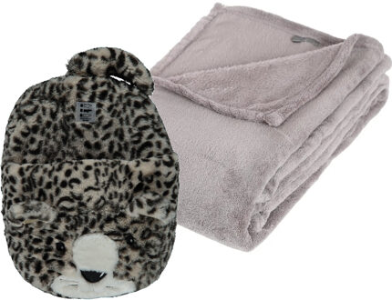 Apollo Fleece deken lichtgrijs 125 x 150 cm met voetenwarmer slof cheetah one size - Voetenwarmers Multikleur