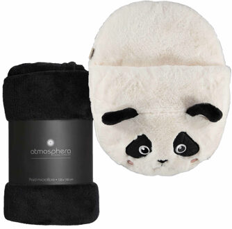 Apollo Fleece deken zwart 125 x 150 cm met voetenwarmer slof panda beer one size - Voetenwarmers Multikleur