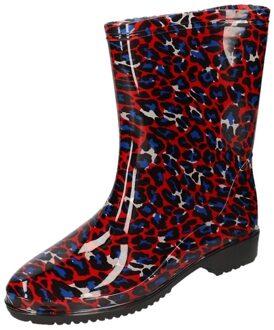 Apollo Half hoge dames regenlaarzen met  rood/blauwe panter print - Rubberen laarzen/regenlaarsjes dames 37